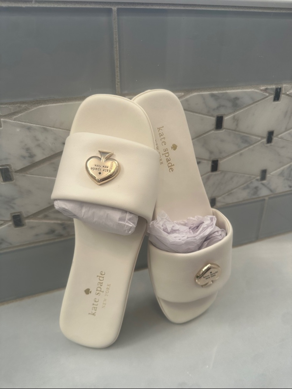 kate spade cream Slide Sandals with Gold Spade Emblem